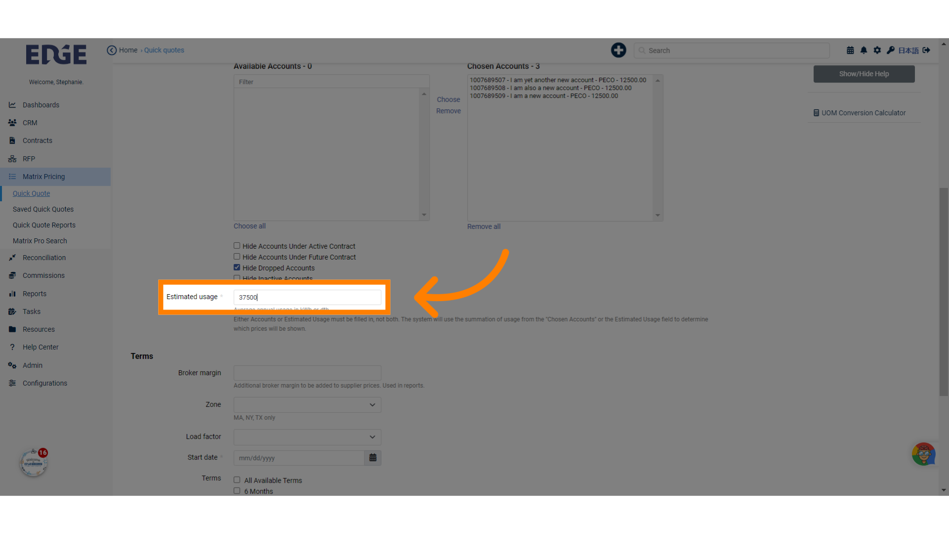 Estimated usage is calculated using the account(s) assigned Annual Usages. Can manually override.