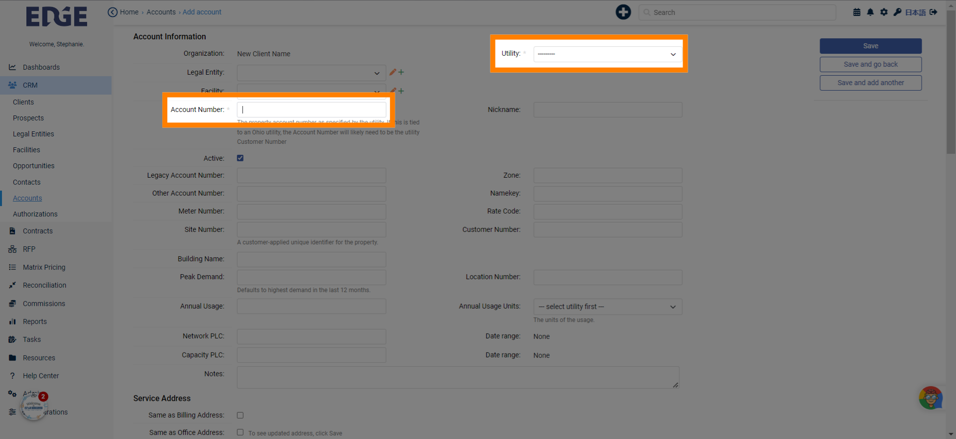 Fill in required fields for 'Account Number' and 'Utility'
