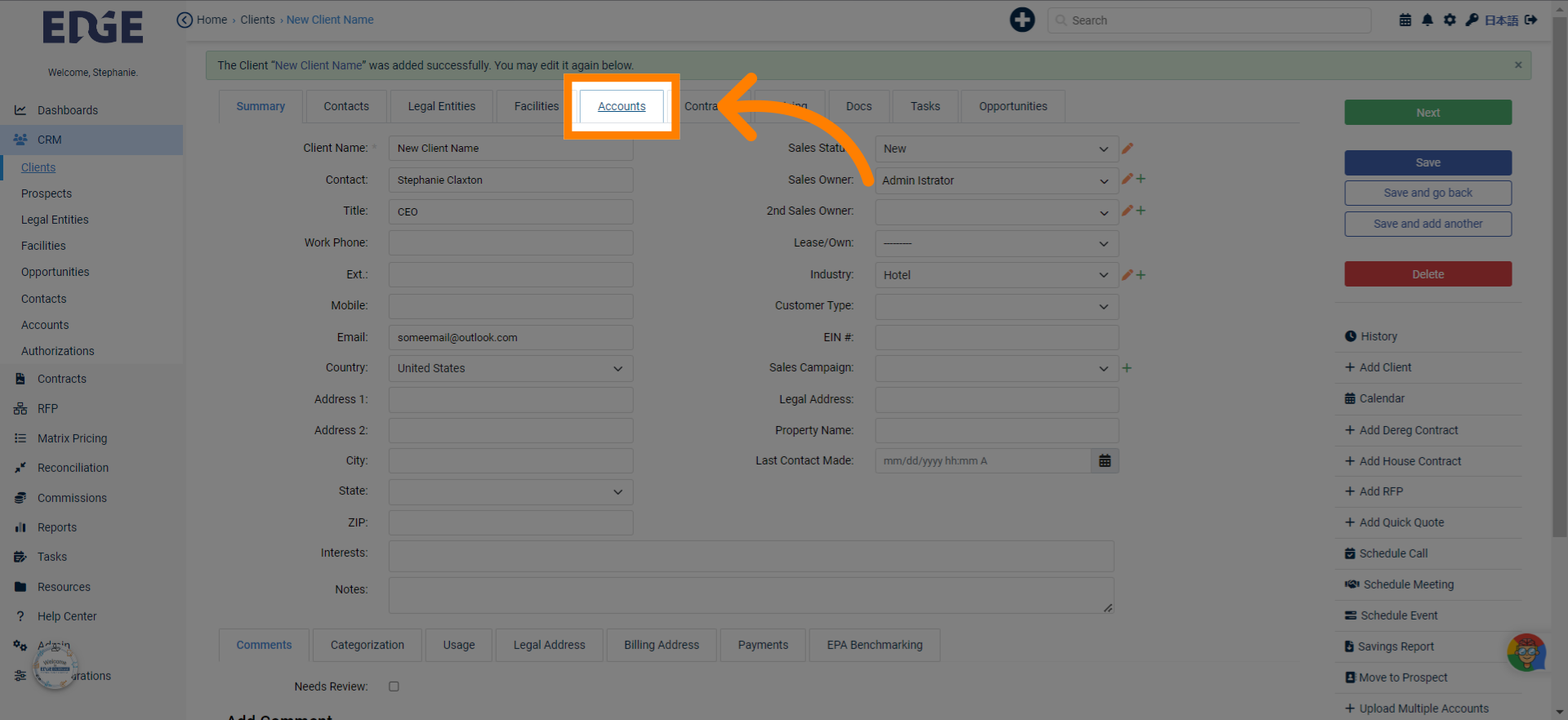 On an opened Prospect or Client, click the 'Accounts' tab