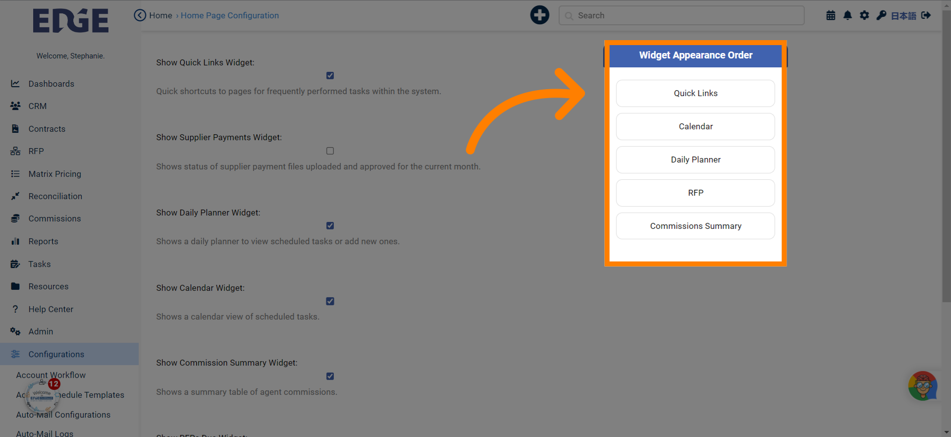 Reorder widget appearance using this section
