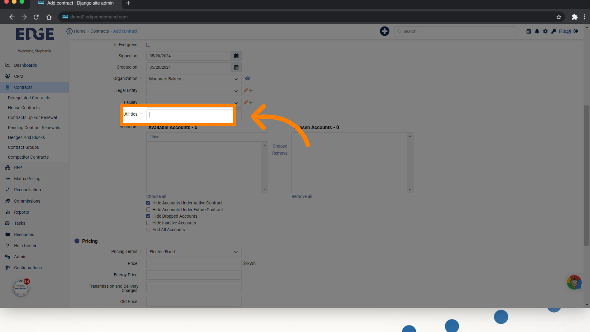 Search and select the Utility of the Accounts you want to add into the contract
