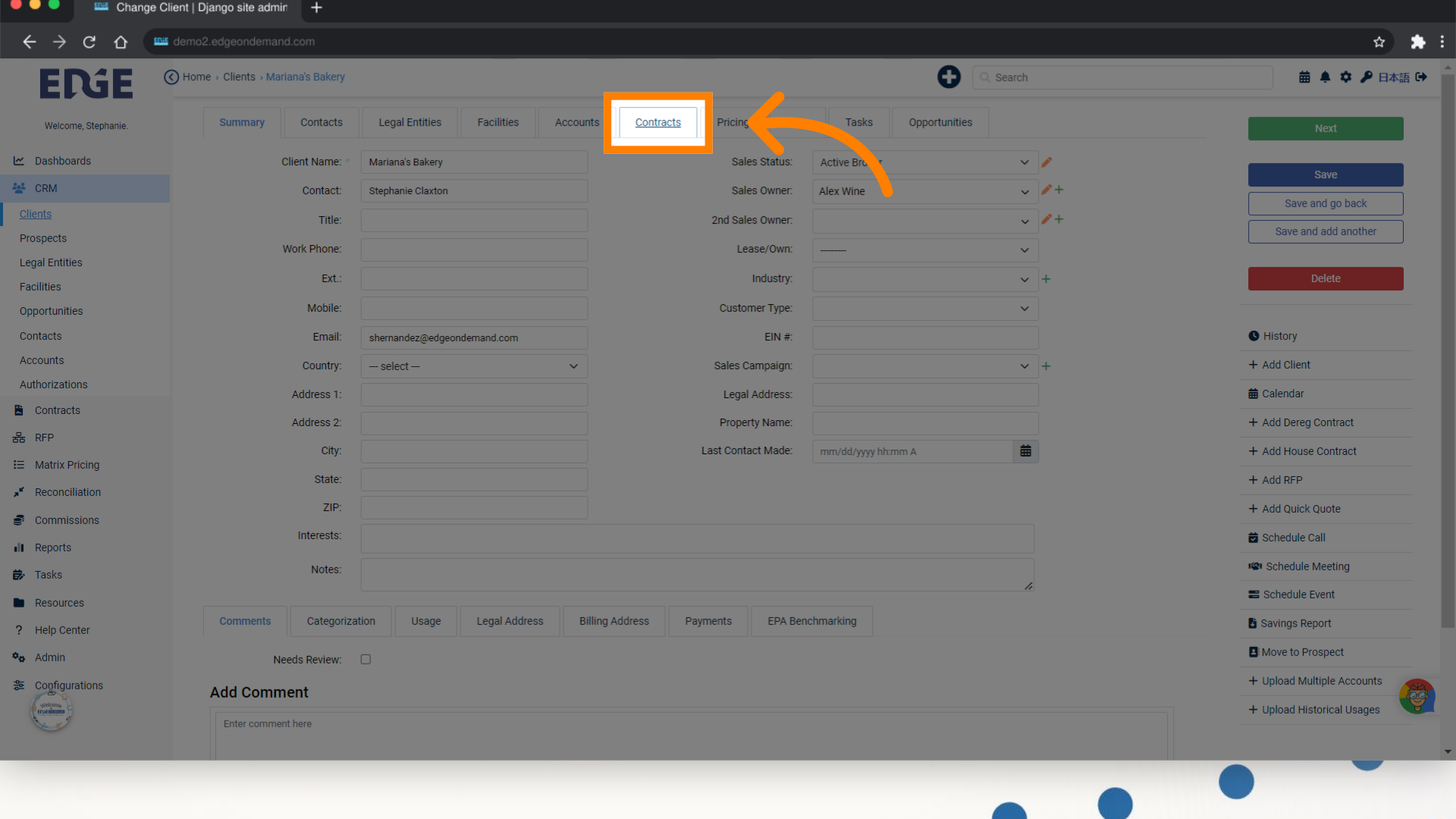 In an opened Client, navigate to the 'Contracts' tab