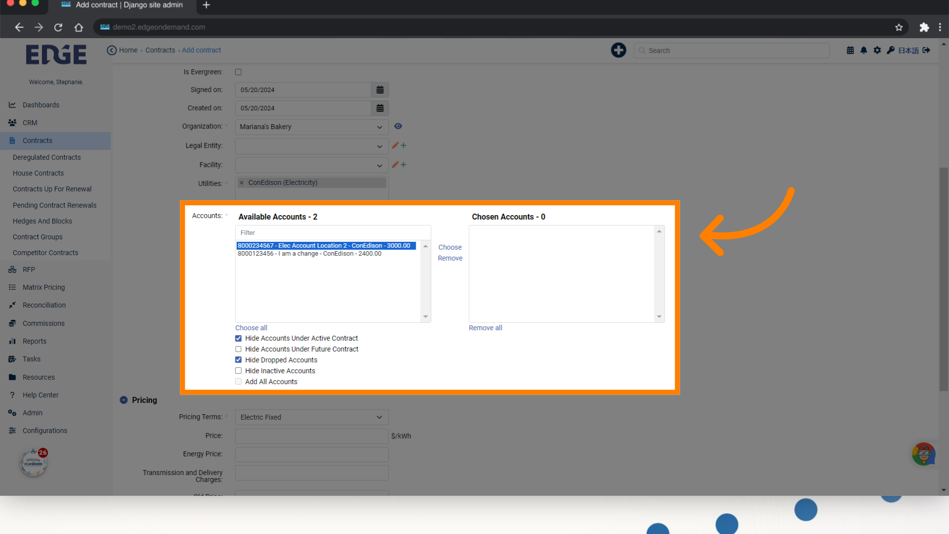 Available accounts will populate in the left box. Make your selections and click 'Choose' to add to contract