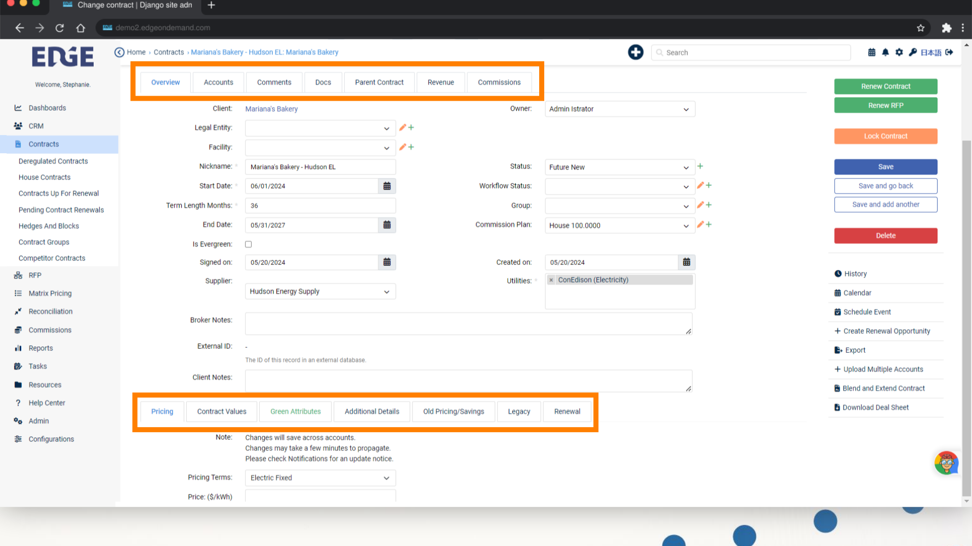 Once saved, you'll be taken to your newly created contract with additional tabs to input information