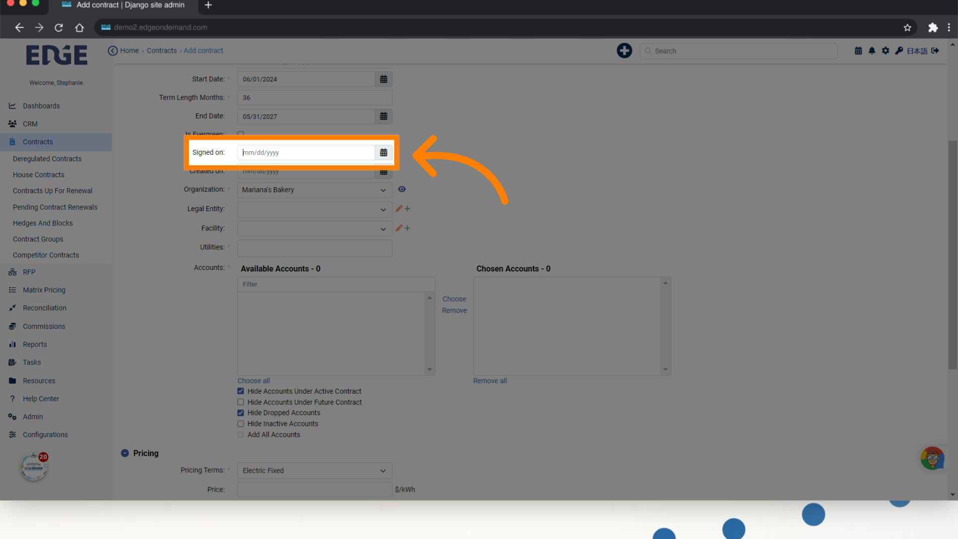 Input a Signed On date, otherwise the Status of the contract will display 'Pending'