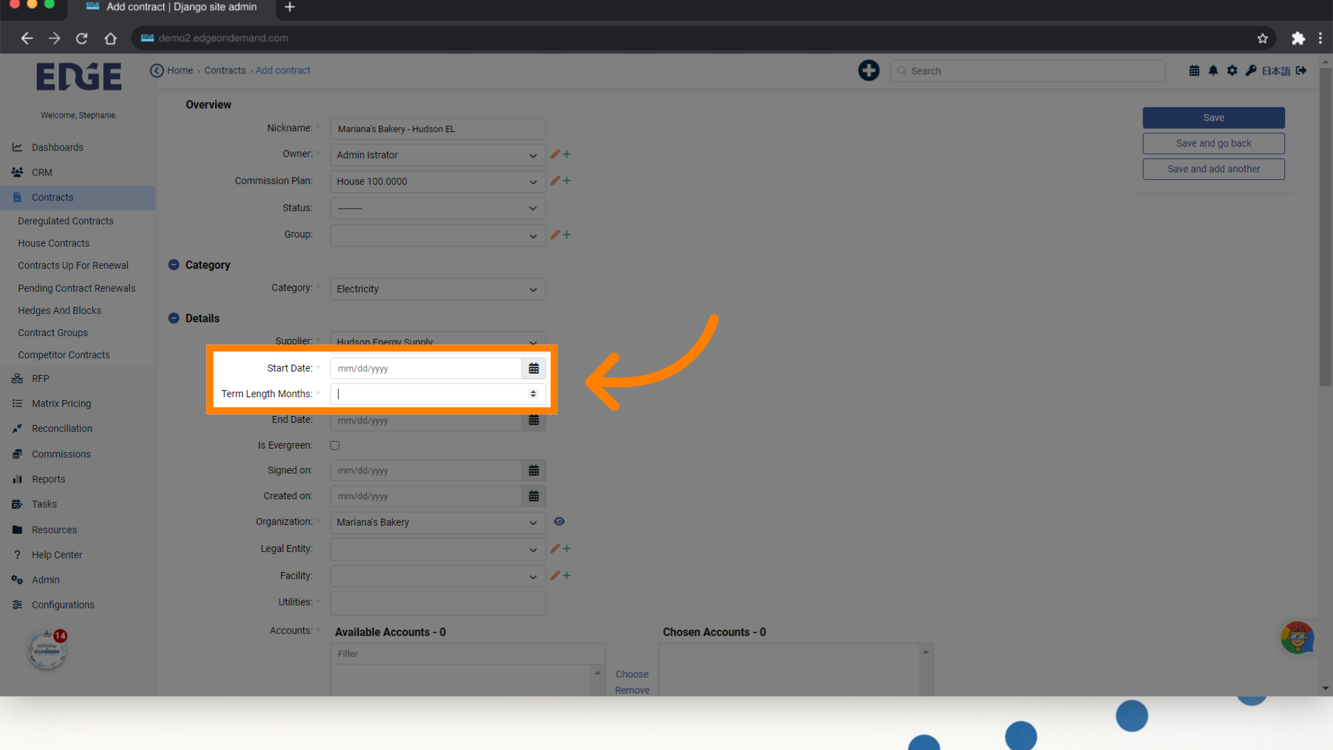 Select contract Start Date and input the term length to auto-populate the End Date