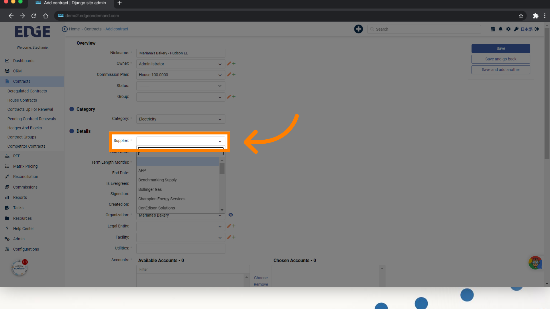 Search and select the contracted Supplier