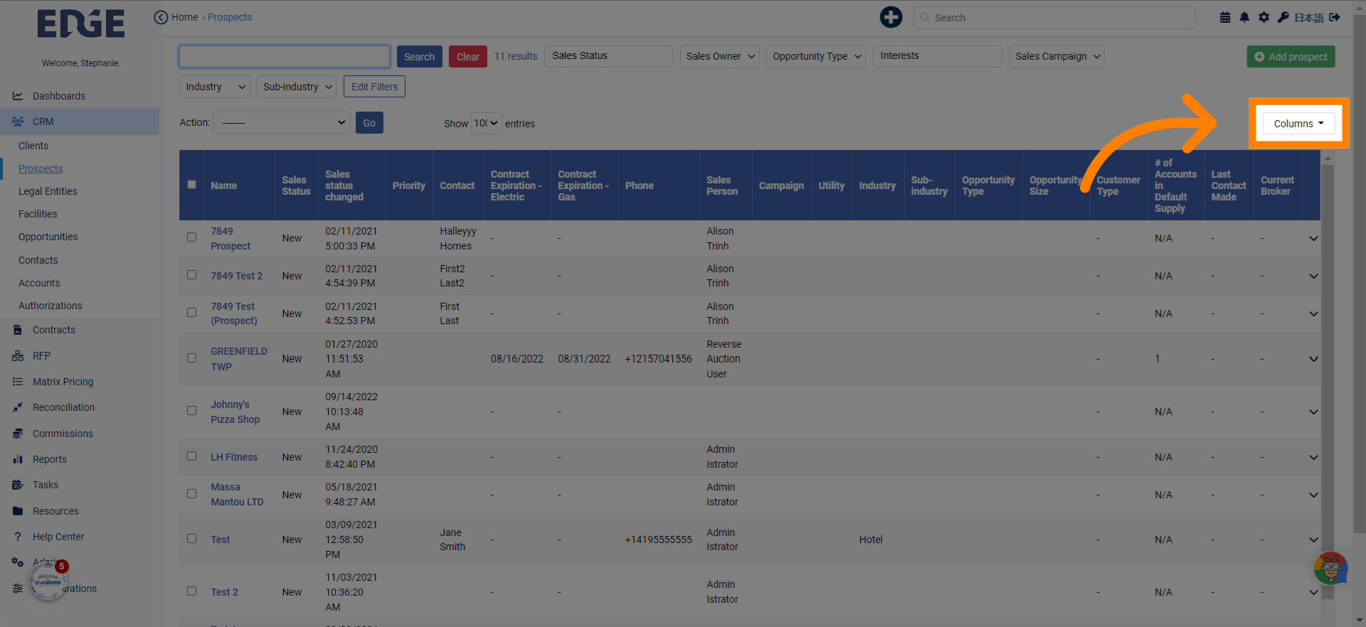 Click 'Columns' to edit available columns on list page