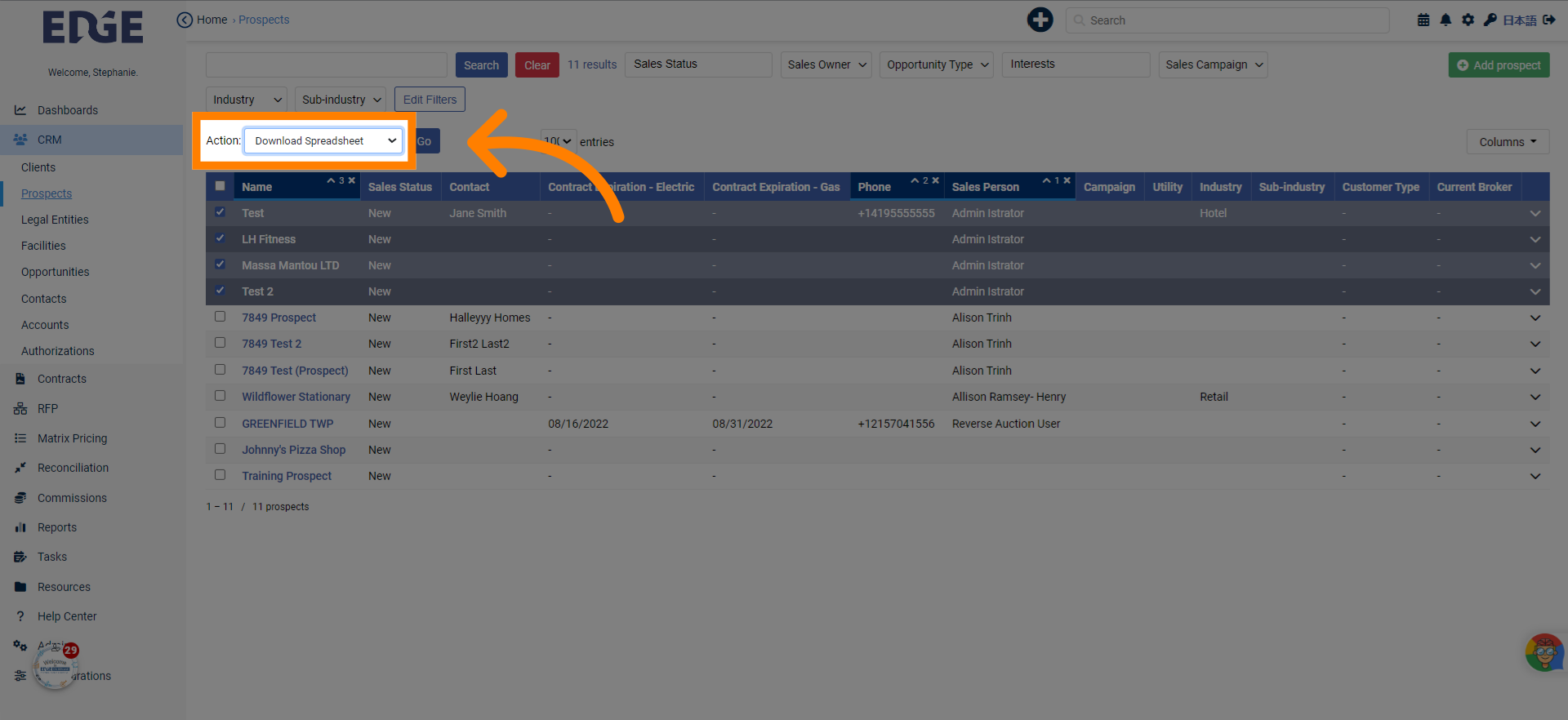 You can download all records or some records using the Download Spreadsheet option in the Action bar