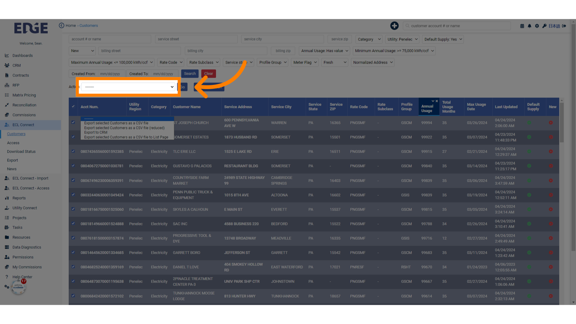 Click '---------

Export selected Customers as a CSV file

Export selected Customers as a CSV file (reduced)

Export to CRM

Export selected Customers as a CSV file to List Page'