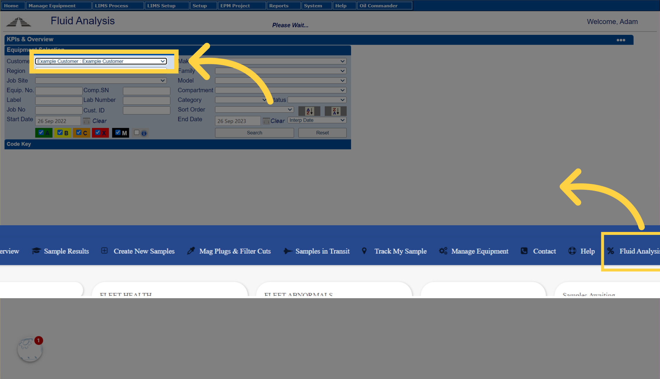 On the main site use fluid analysis to get to this page. Once hereSelect customer, jobsite etc as applicable.