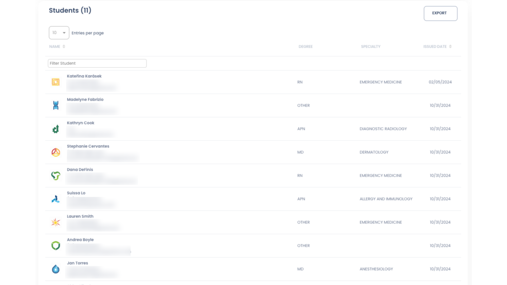 The lower section of the Certificates Report now displays a list of Students who have downloaded a Certificate for the selected Course, along with the issued date. The Degree and Specialty fields are also displayed if those fields are enabled in your Company Profile.