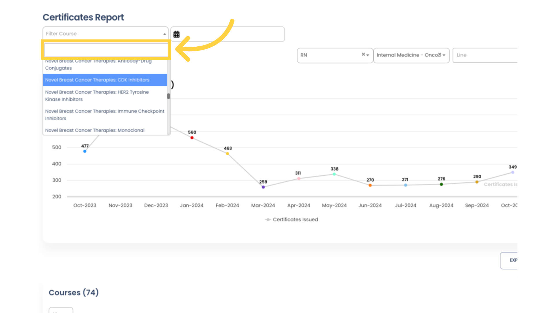 You can filter the Certificates Report by a specific Course by selecting your desired Course from the Filter Course list at the top of the Report. You can scroll to find your Course, or you can type in the field to search.