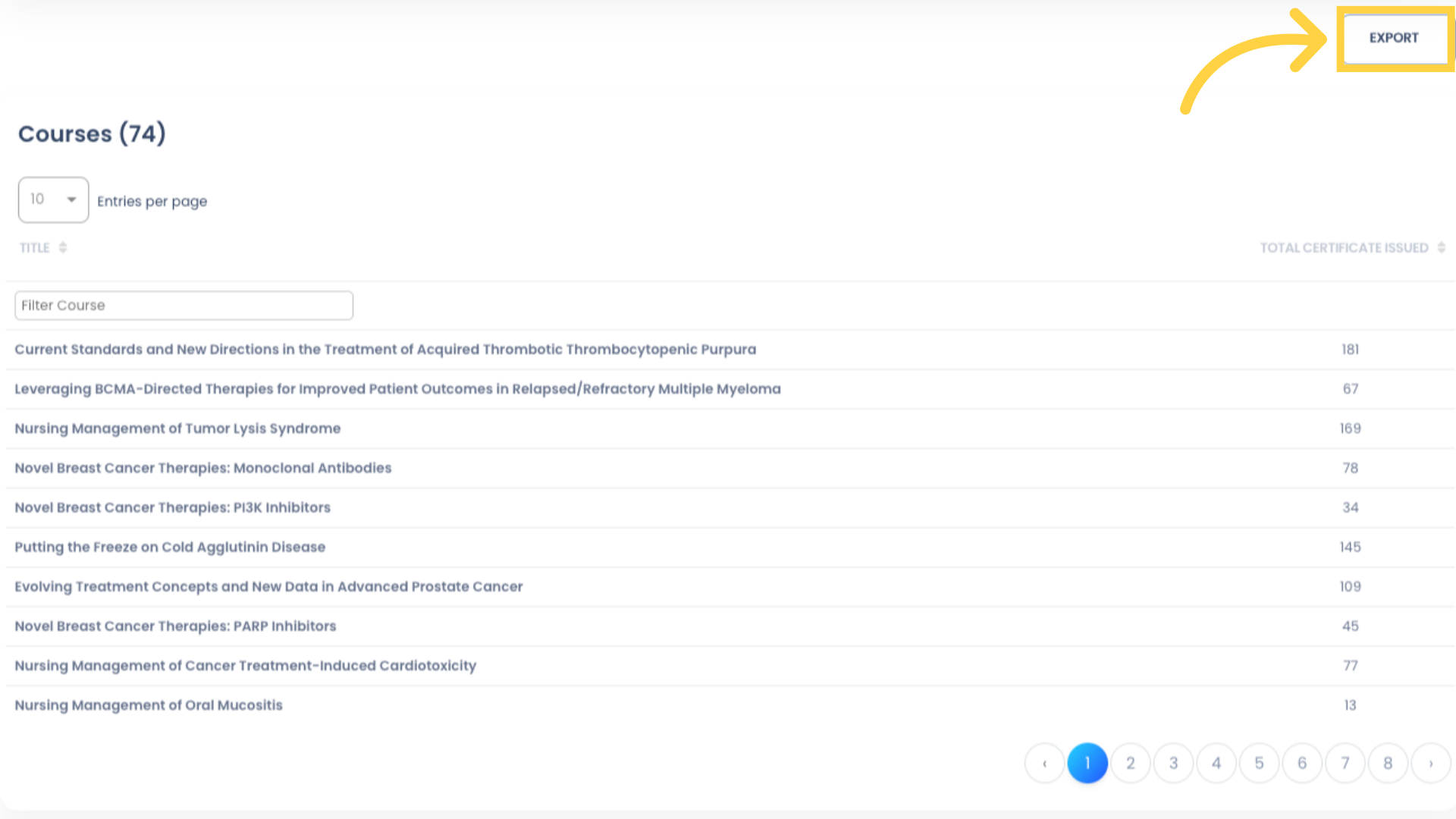 By default, the section below displays a list of all Courses along with the total number of Certificates issued within the selected date range. You can export the list as an Excel file. Any filtering you have applied to the report will also be applied to the exported file.