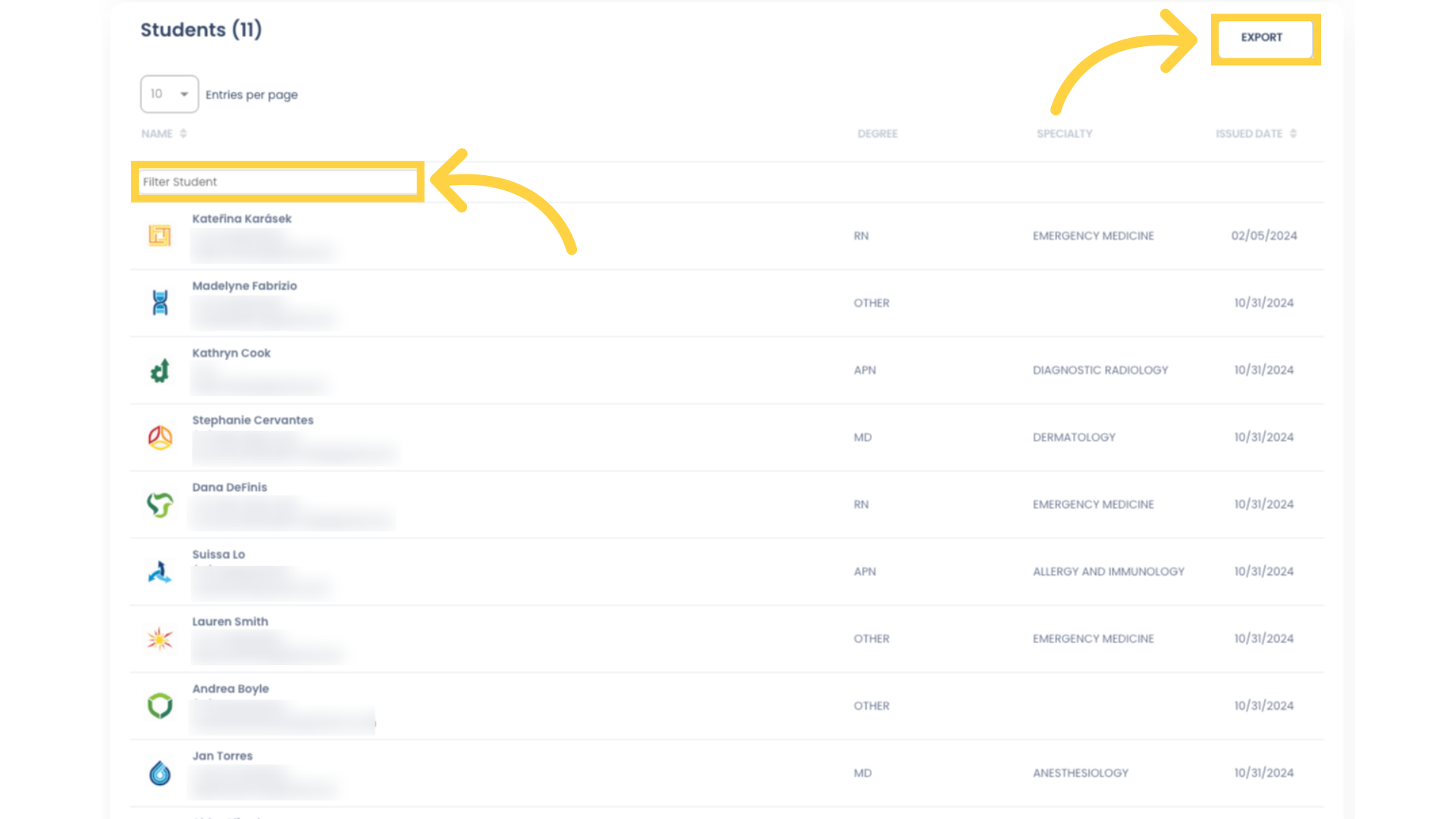 As before, you can search for a specific Student using the 'Filter' field, and you can export this list as an Excel file. Remember, any filtering you have applied to the report will also be applied to the exported file.