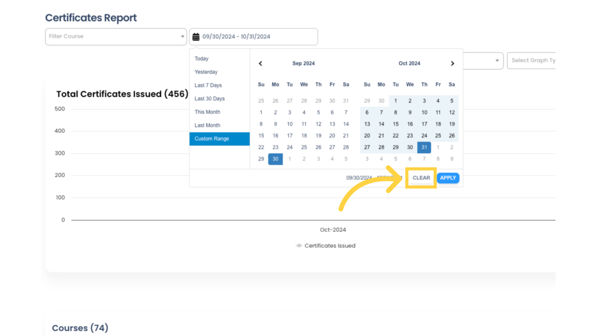 By default, the Certificates Report displays aggregated data from all Courses for the prior 30 days. You can adjust the date range by using the date picker field at the top. Use the 'CLEAR' button to show all data.