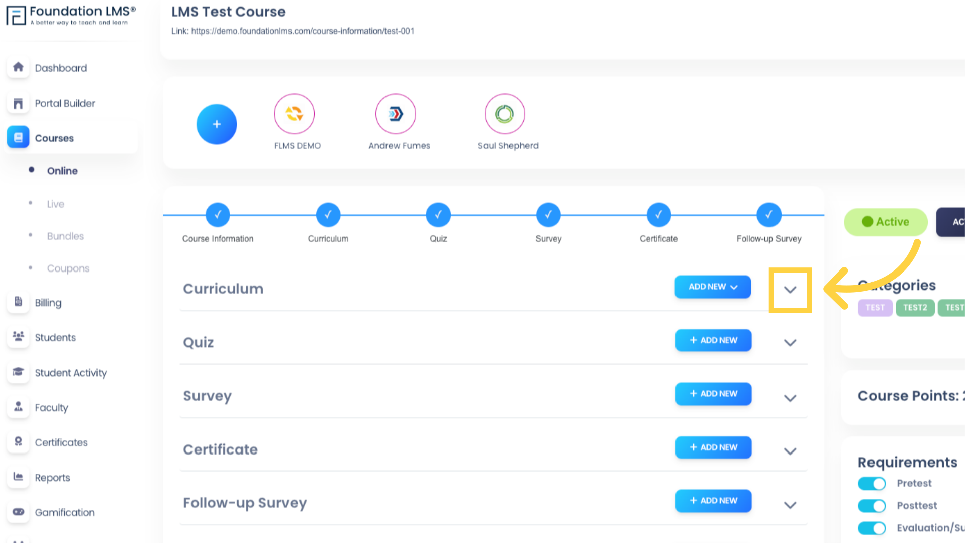 Click the Curriculum down arrow to see a list of Course components, including your newly added Activity.