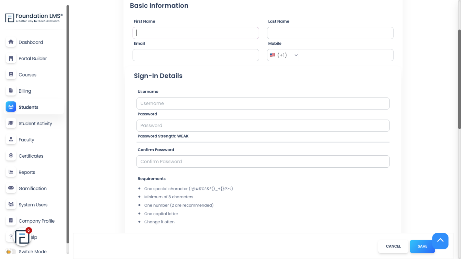 Enter the Student's basic information. All of the fields in this section are required fields. At the bottom of this page, you may see additional custom fields for Students. These fields may or may not be required depending on how they were configured by the primary user in your company profile.