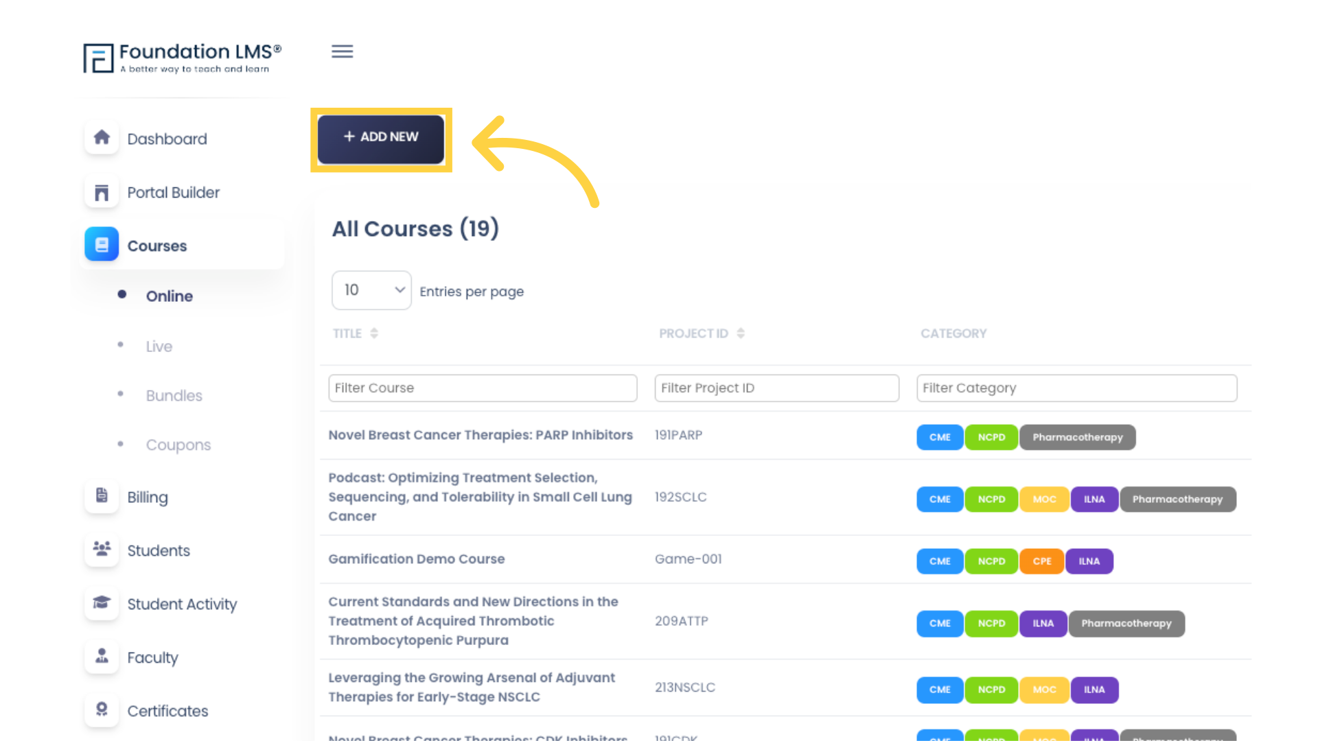 Click 'ADD NEW' to begin adding your course.