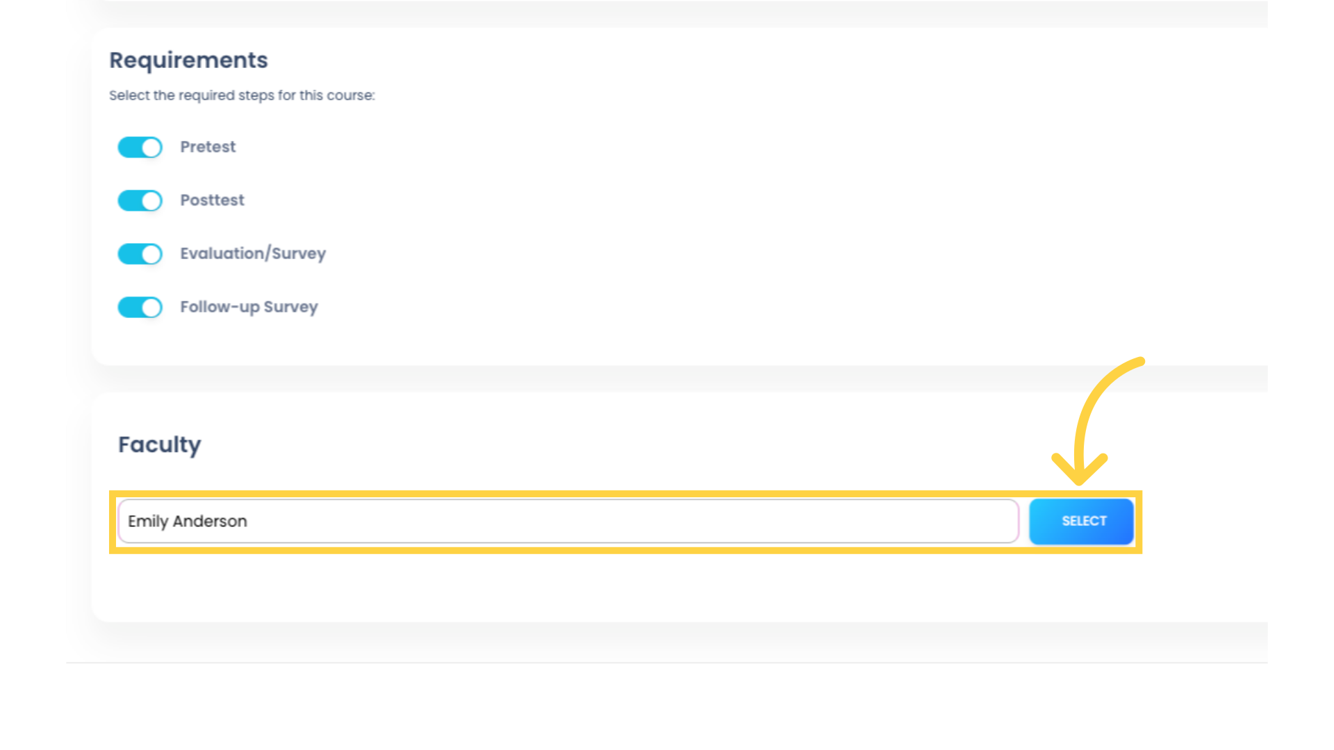 Click in the 'Faculty' field, select your faculty member, and click the select button to save your selection. You can select multiple Faculty if needed. 