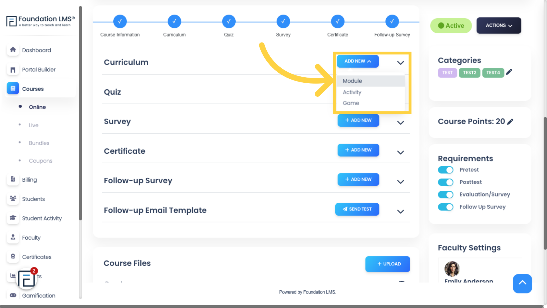 Under course curriculum, click 'ADD NEW' and select 'Module' to add a Course Module.