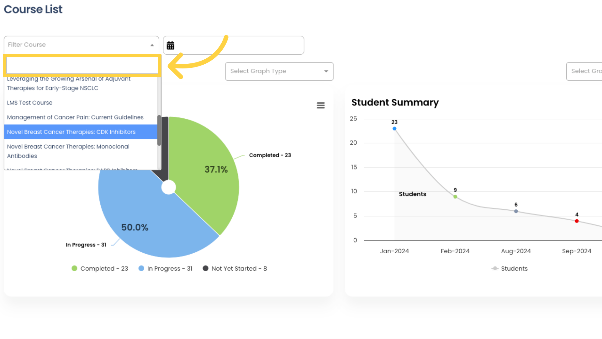 You can filter the Student Status and Student Summary data by a specific Course by selecting your desired Course from the Filter Course list at the top of the Report.