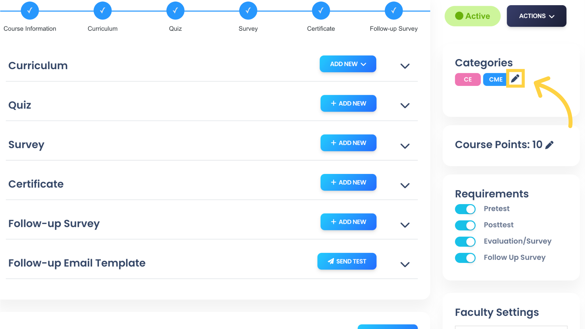 Click the pencil icon on Categories to edit Course Categories. Students can filter the Course list by Categories on your Portal home page.