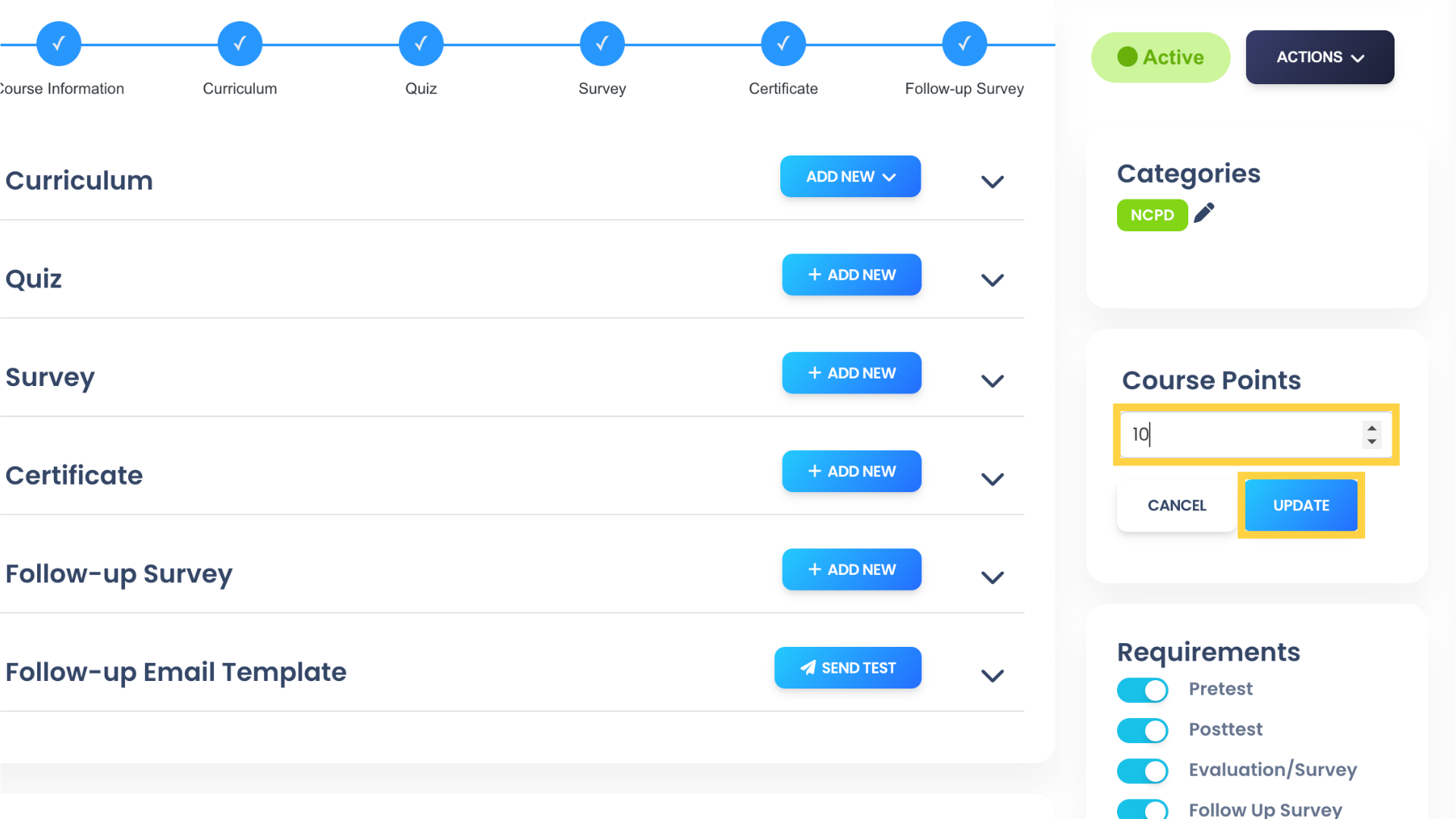 Set the Course points value and then click 'UPDATE'.