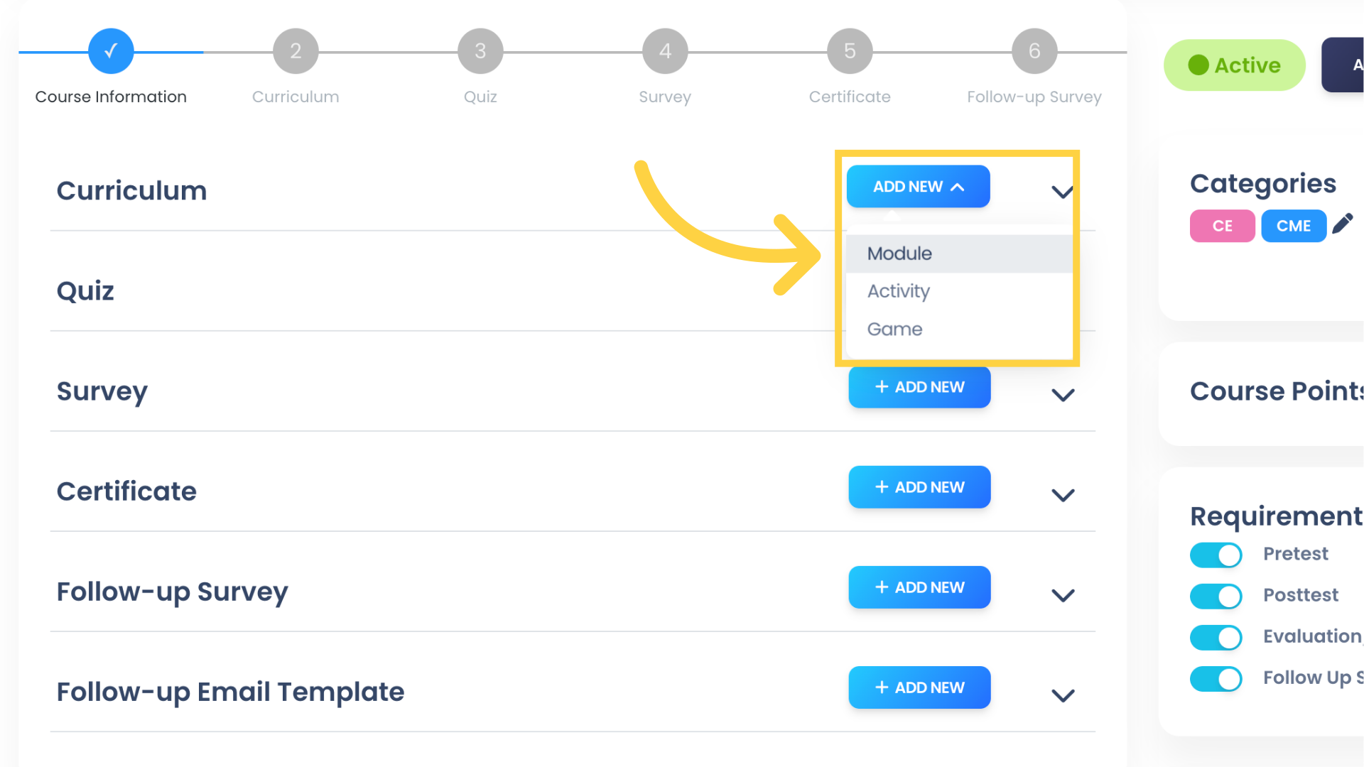 Under Curriculum click 'ADD NEW'. 