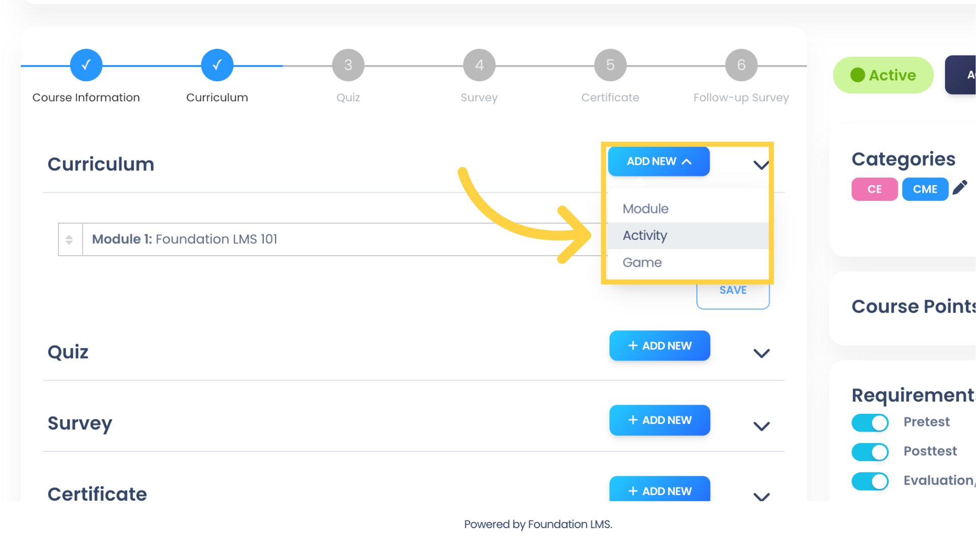 Under Curriculum click 'ADD NEW' and select 'Activity' to add a Course Activity.