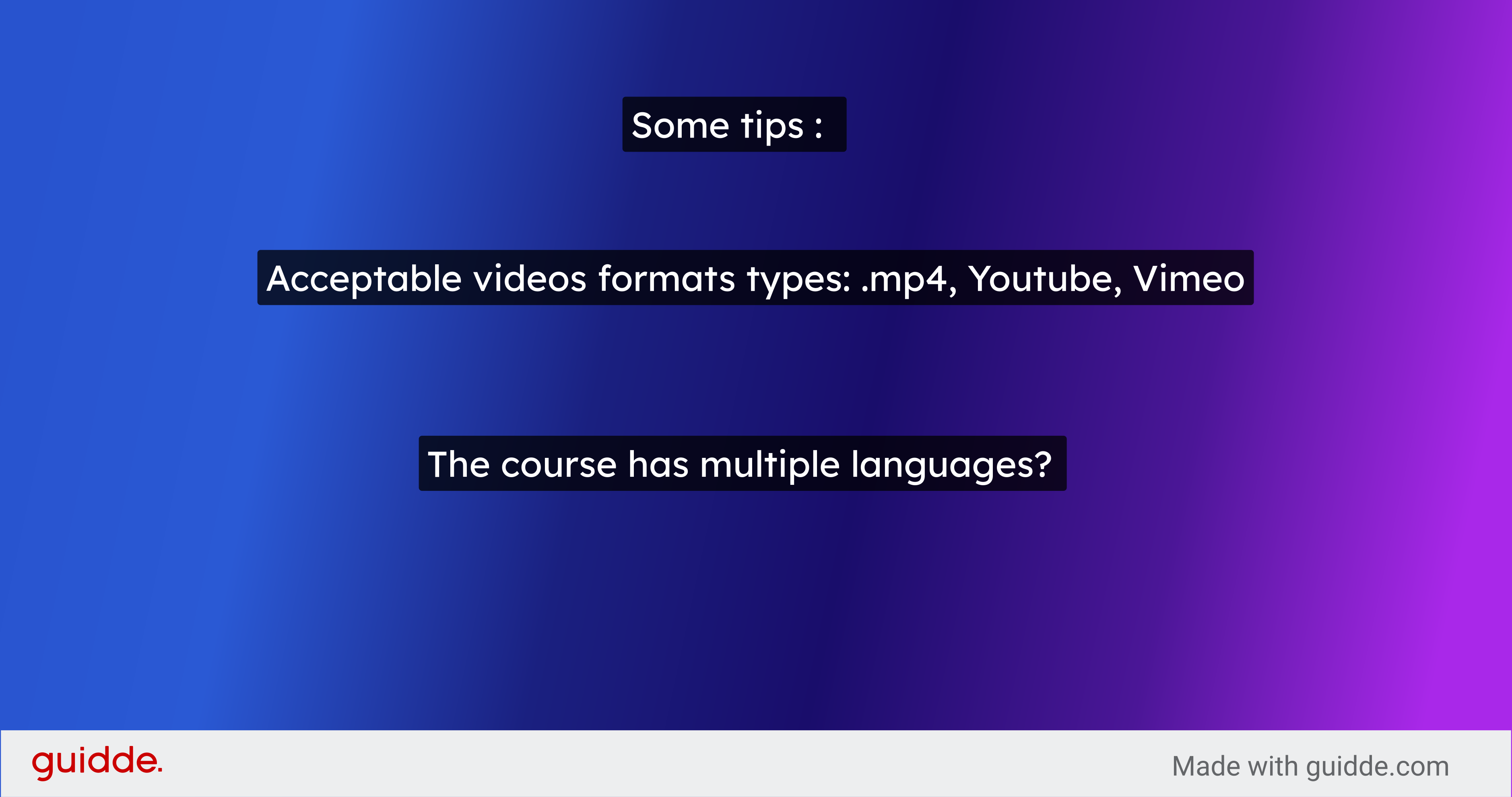 Acceptable videos formats types: .mp4, Youtube, Vimeo