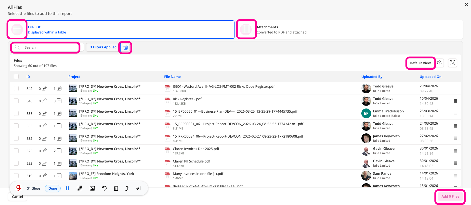 Filter Files Section