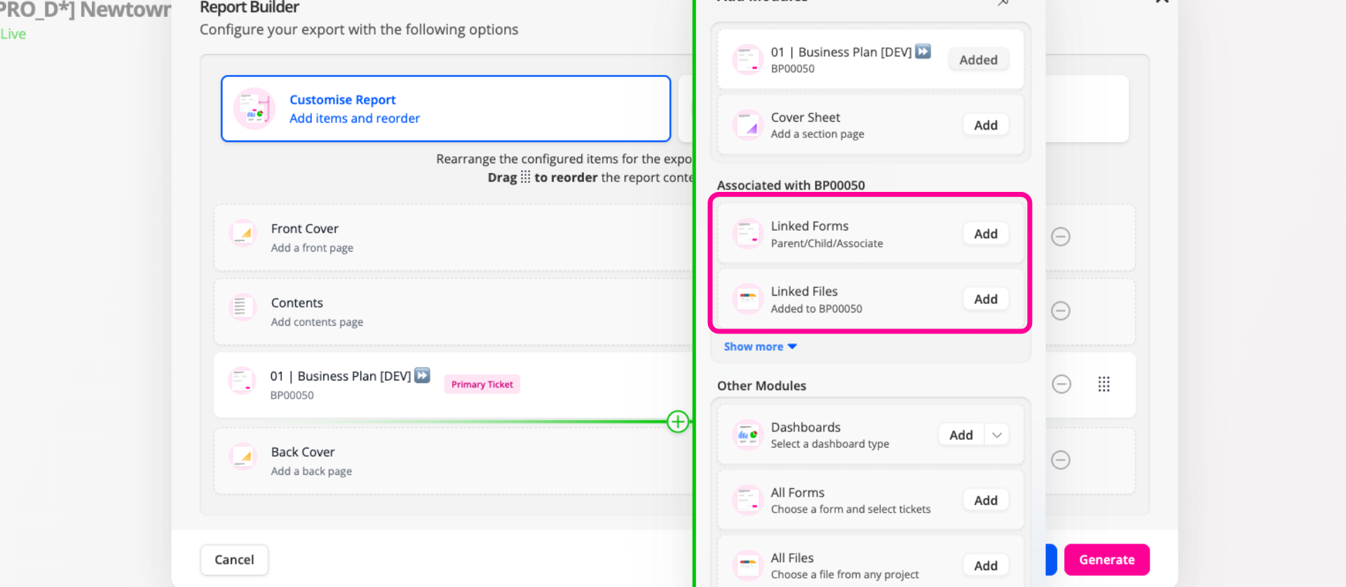 Add Linked Files or Linked Forms Report Element 