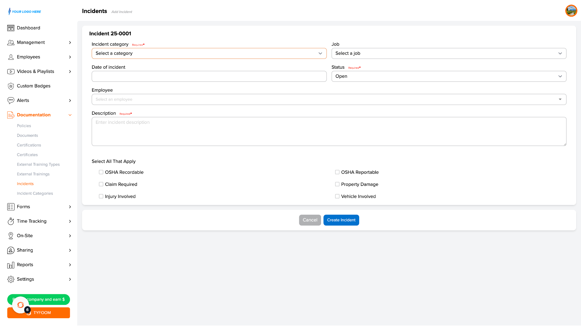 Create Incident Page