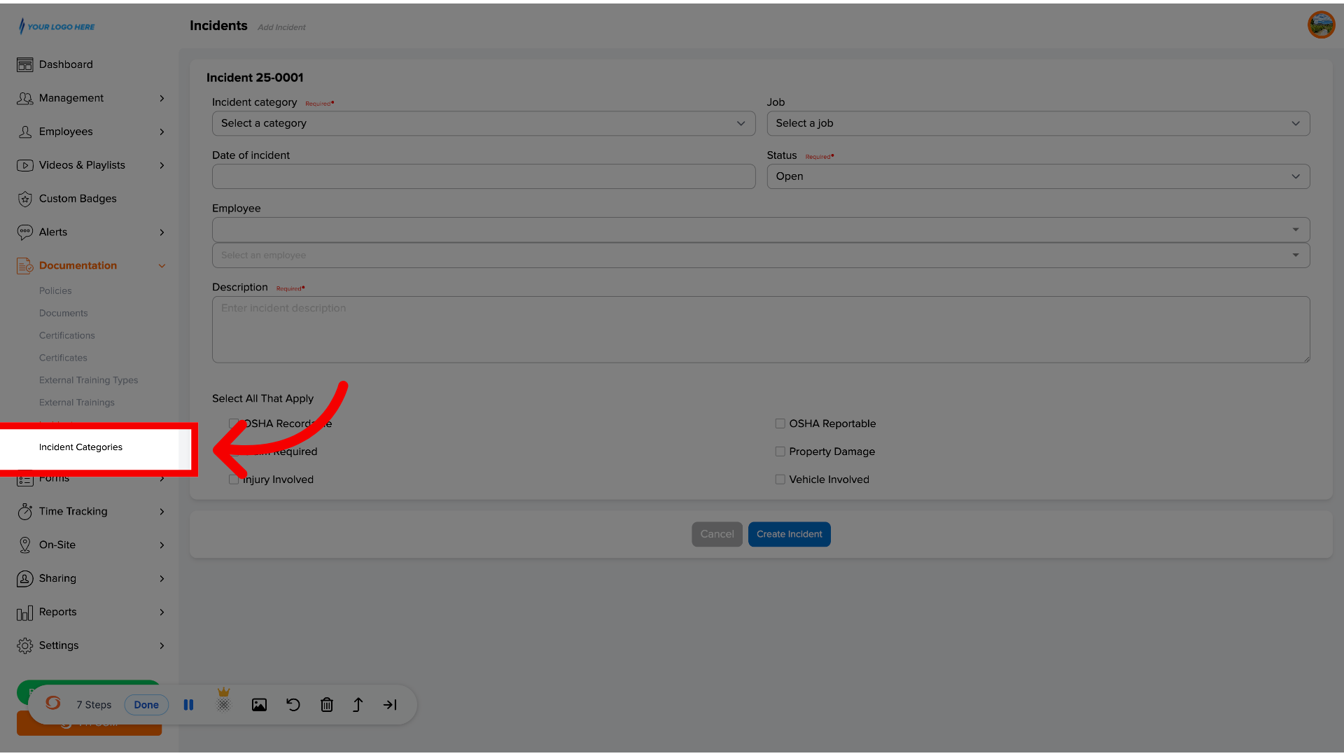 Click 'Incident Categories'