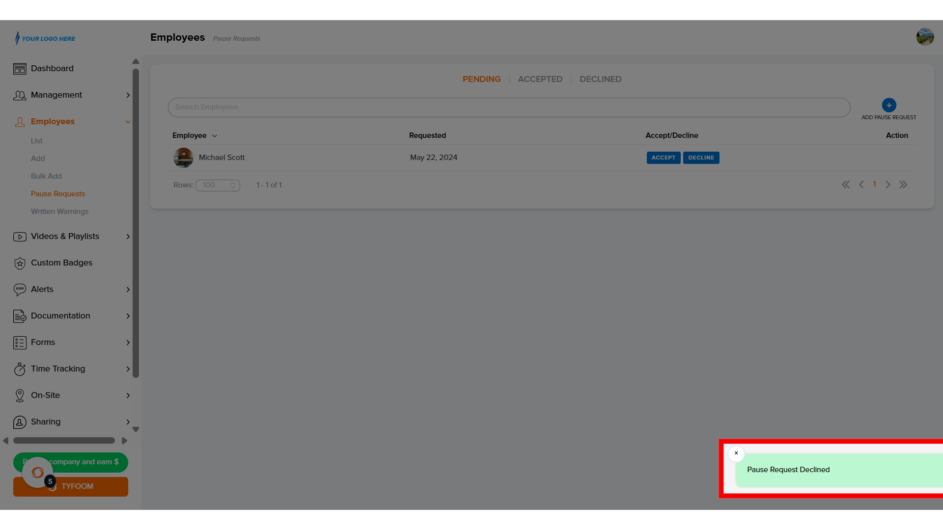 Pause Request Declined
