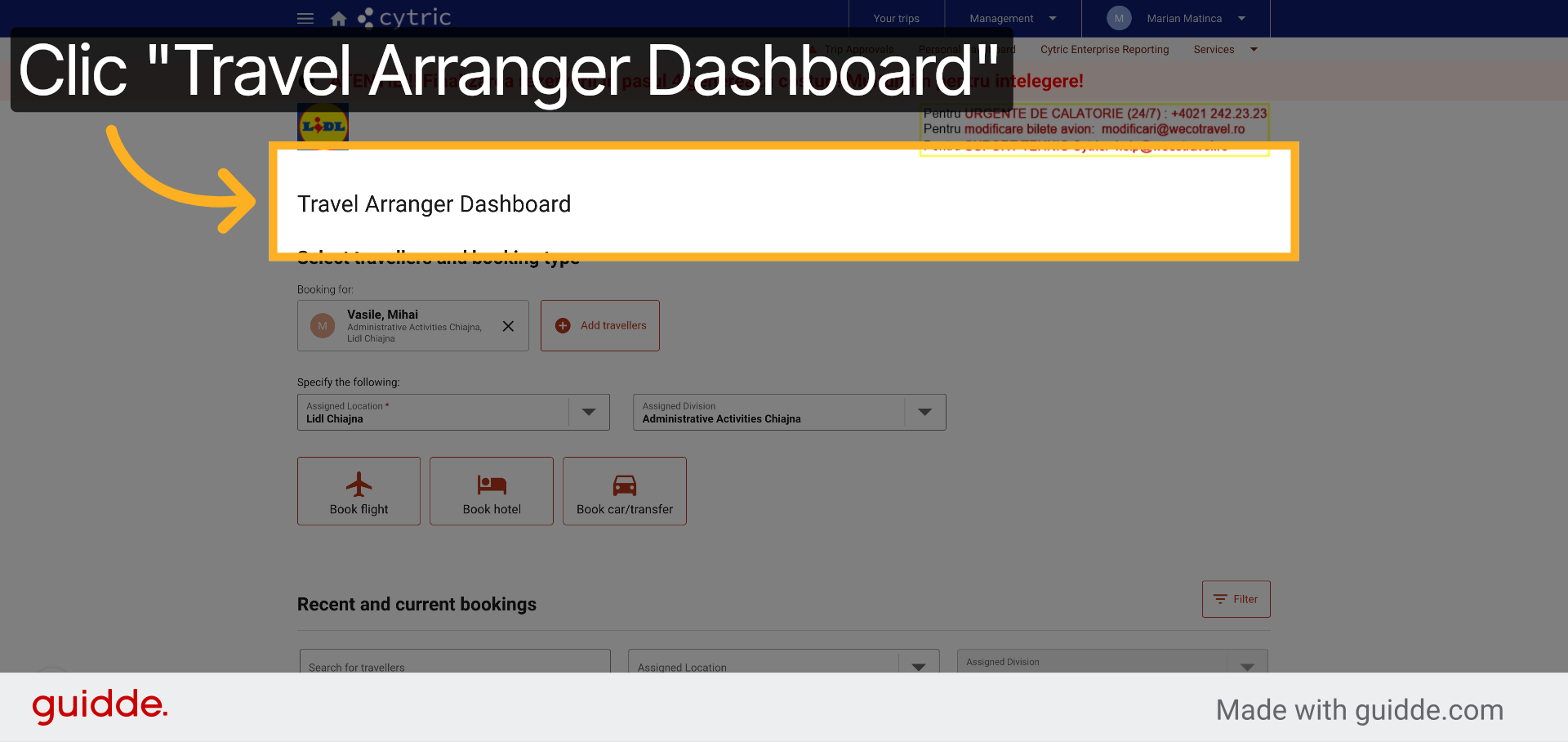 Accesați Dashboard-ul Travel Arranger