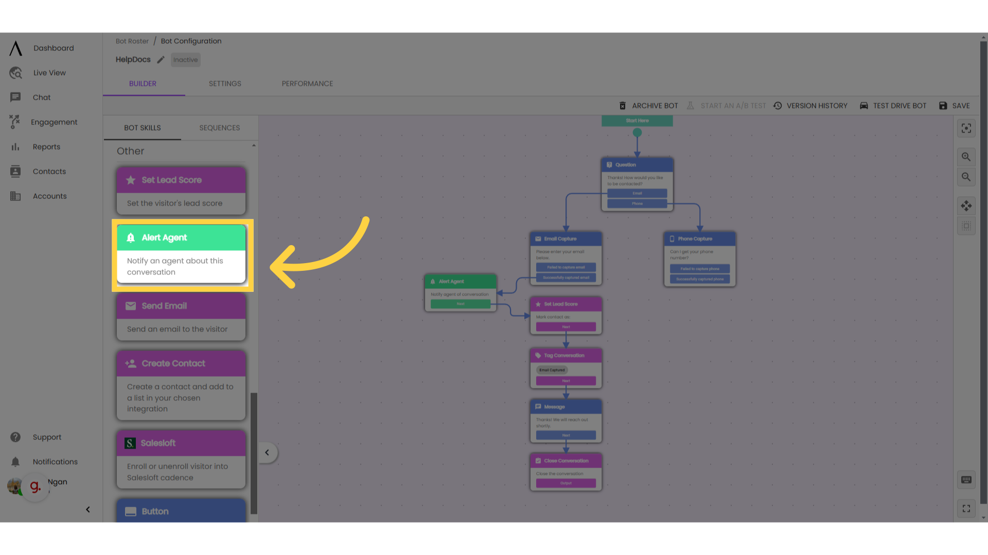 Drag and drop 'Alert Agent' in the bot flow