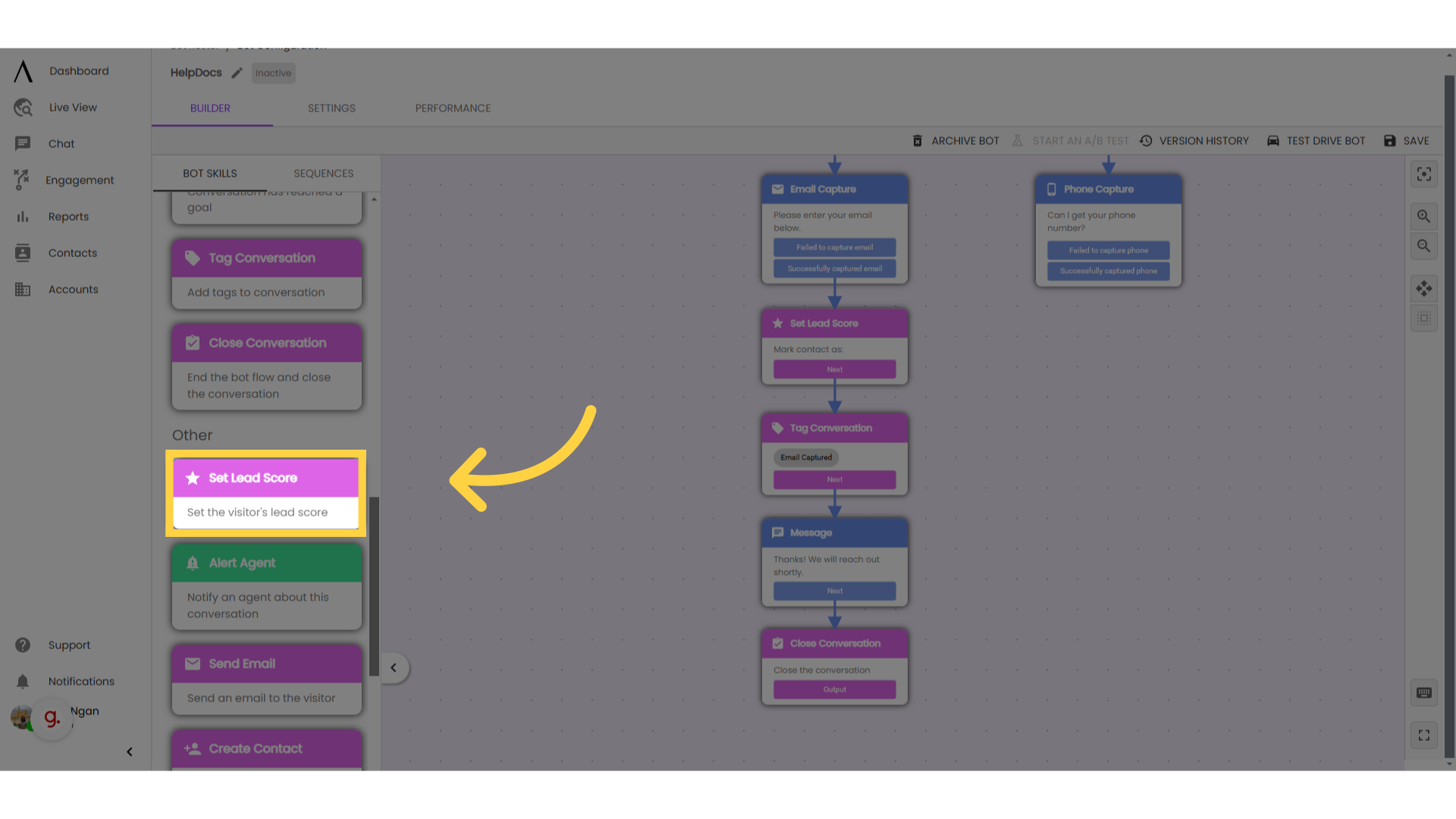 Drag and drop 'Set Lead Score' into the bot flow