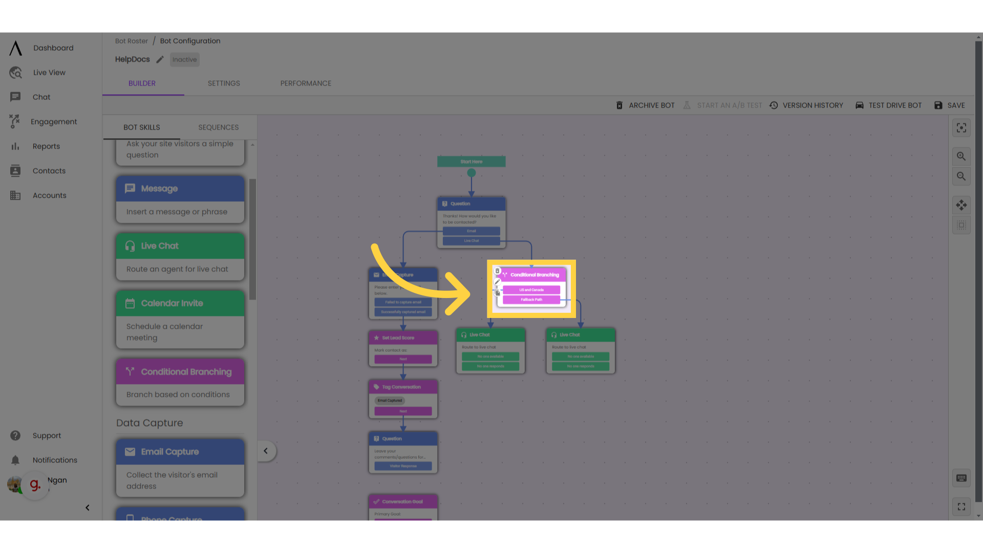 Drag and drop 'Conditional Branching' into the flow