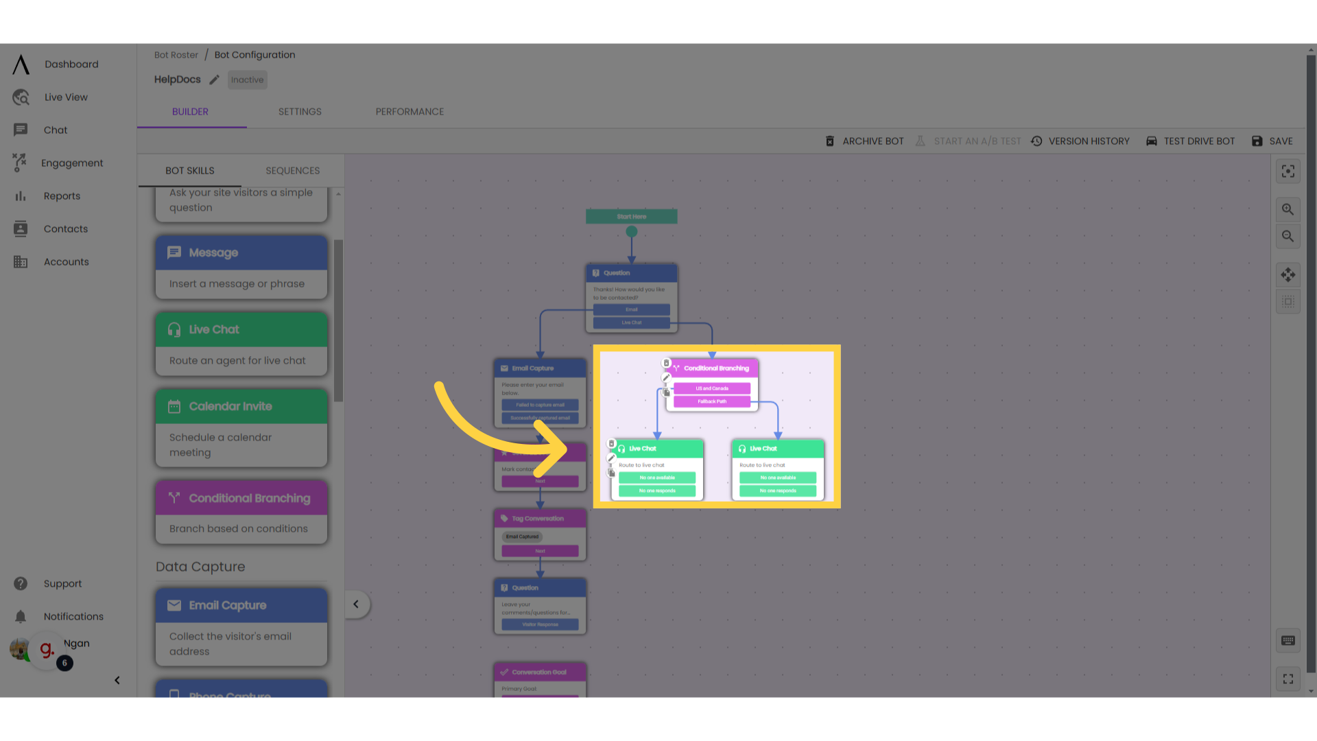 Drag and drop 'Live Chat' into the bot flow