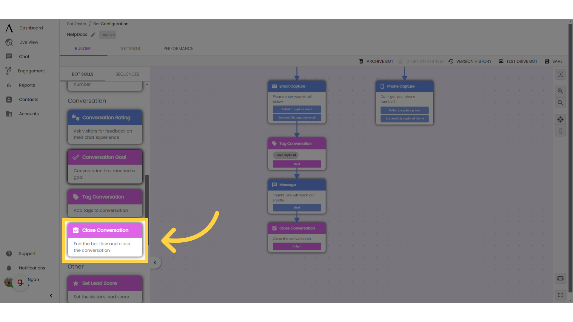 Drag 'Close Conversation' in the bot flow: