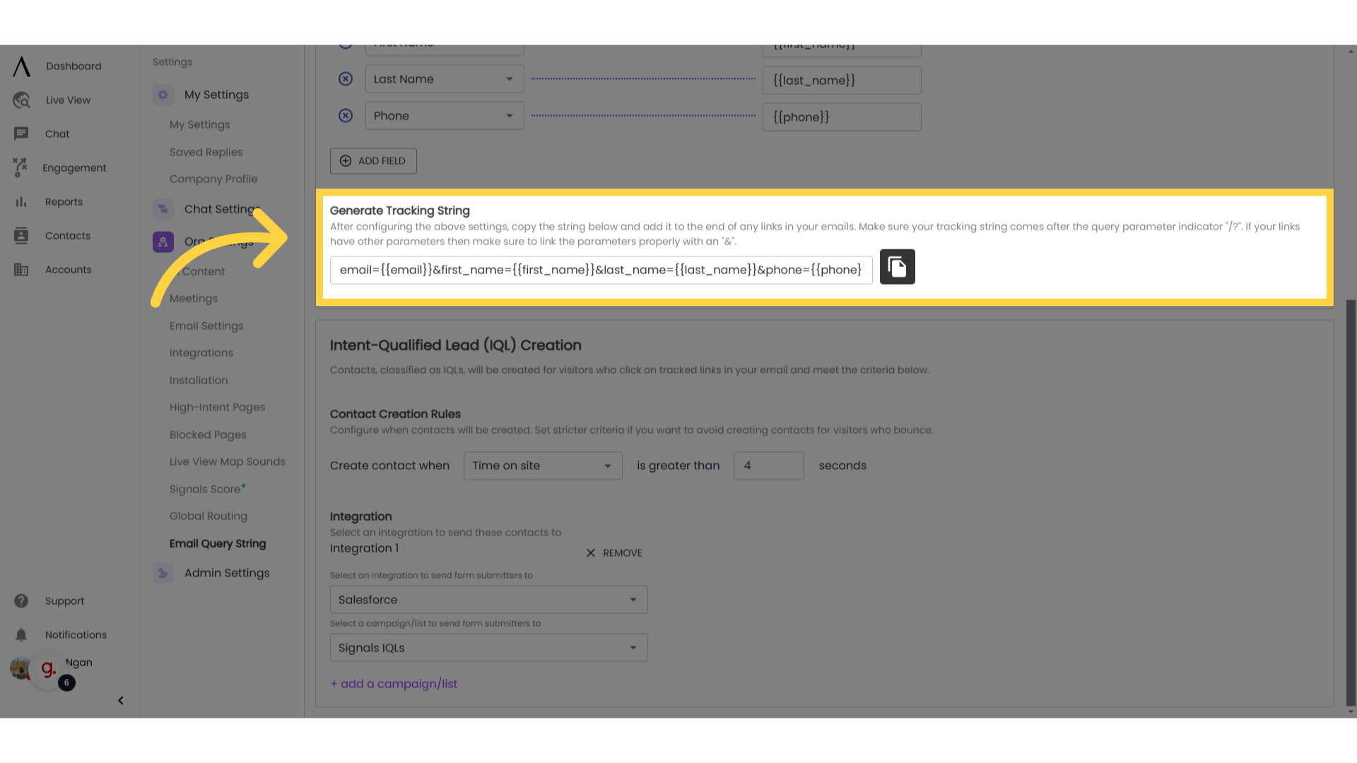 Copy tracking string