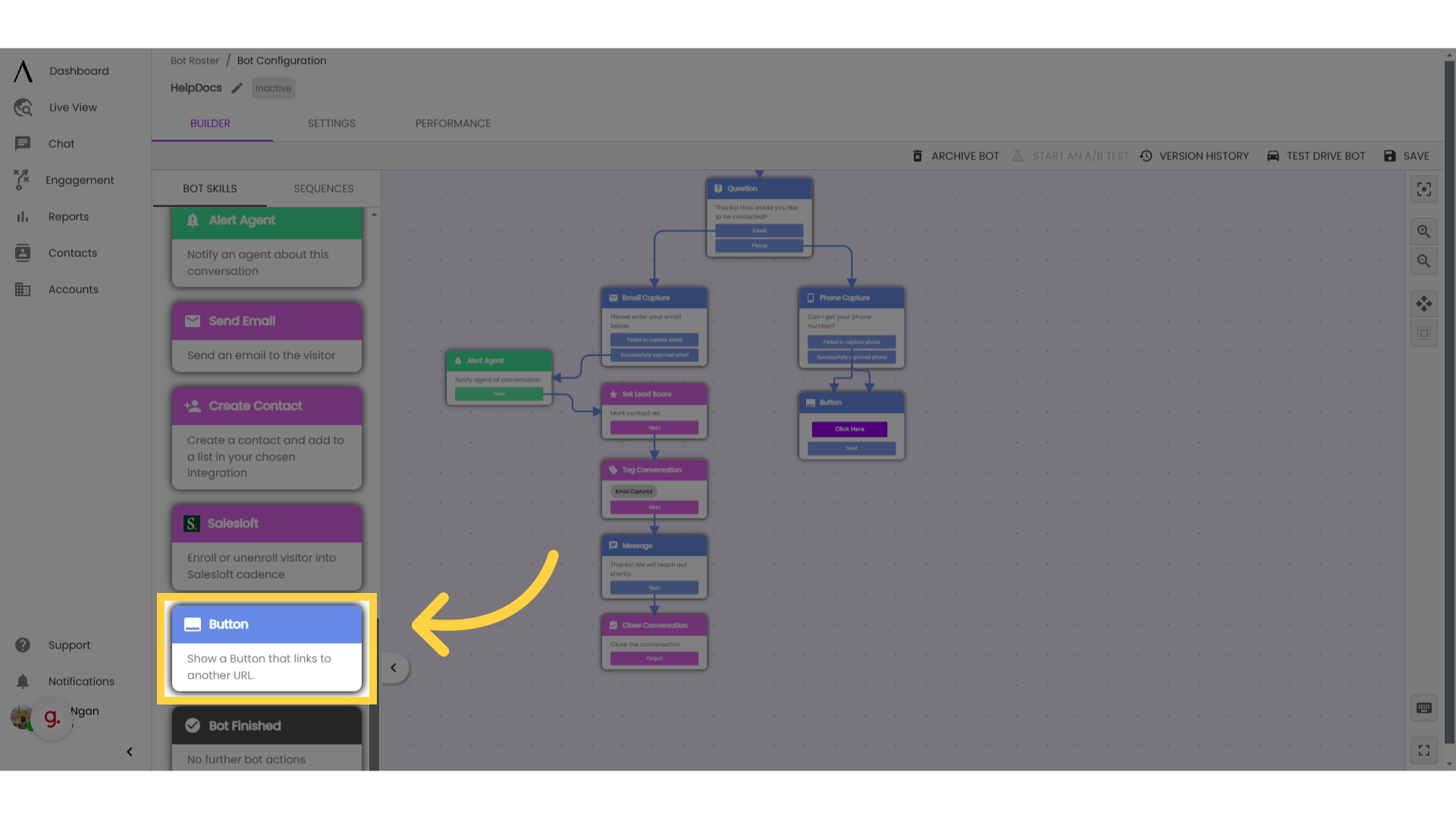 Drag and drop a  'Button' into the bot flow