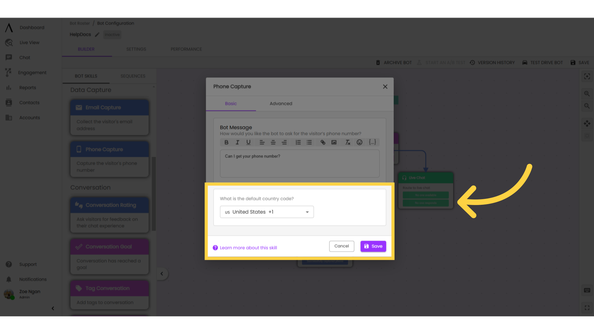 Set up default country code