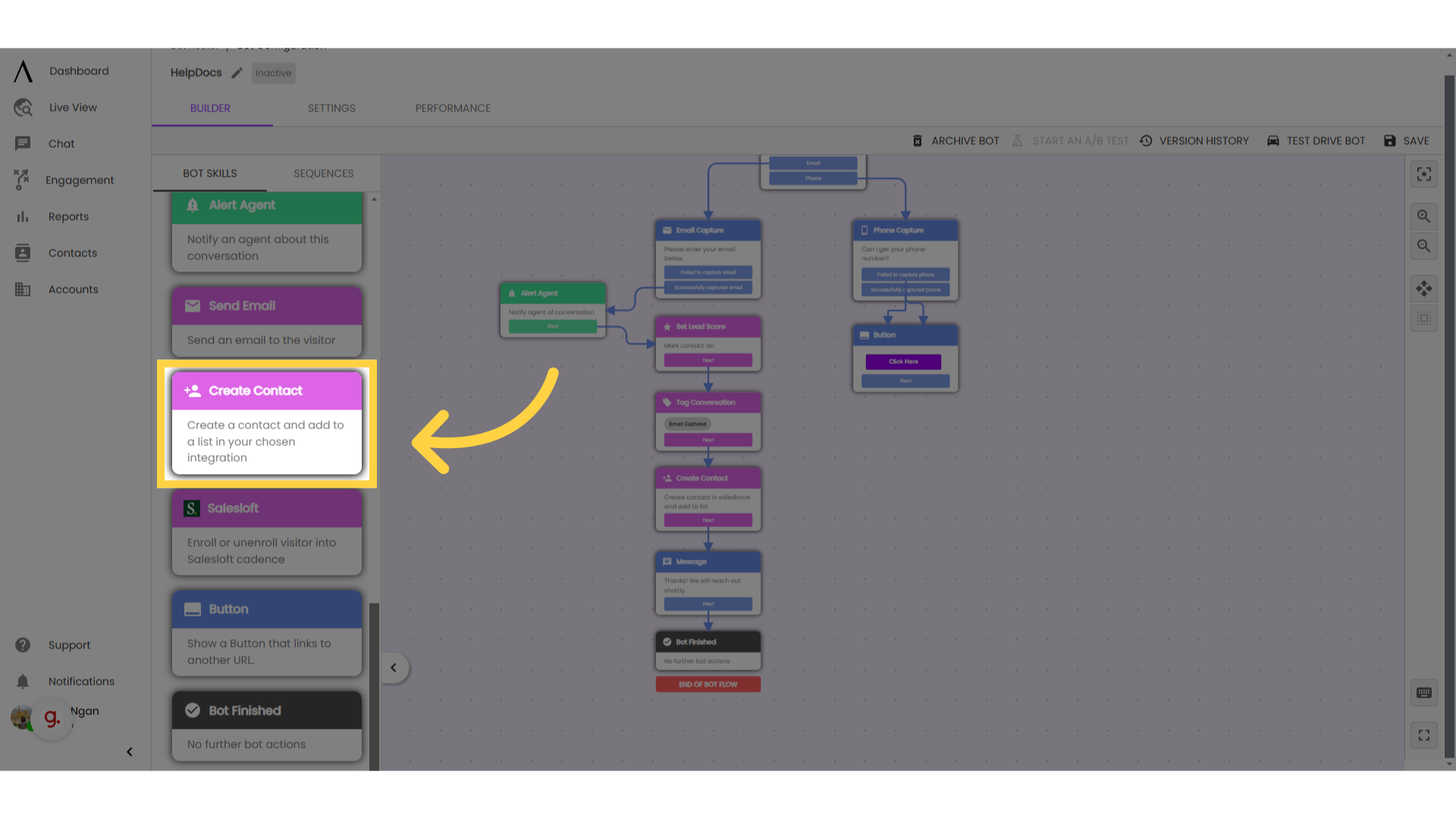 Drag and drop the 'Create Contact' skill into the bot flow