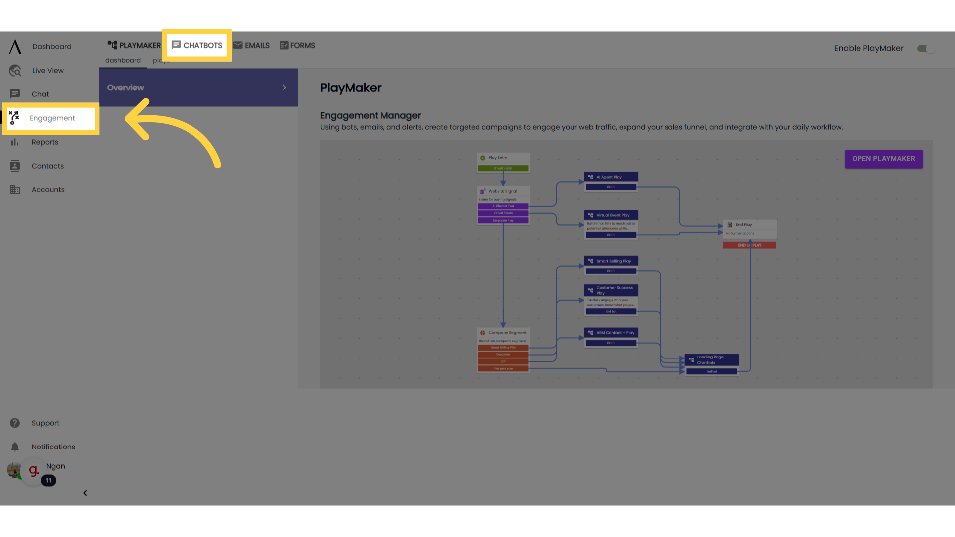 Click 'Engagement,' then 'Chatbots'