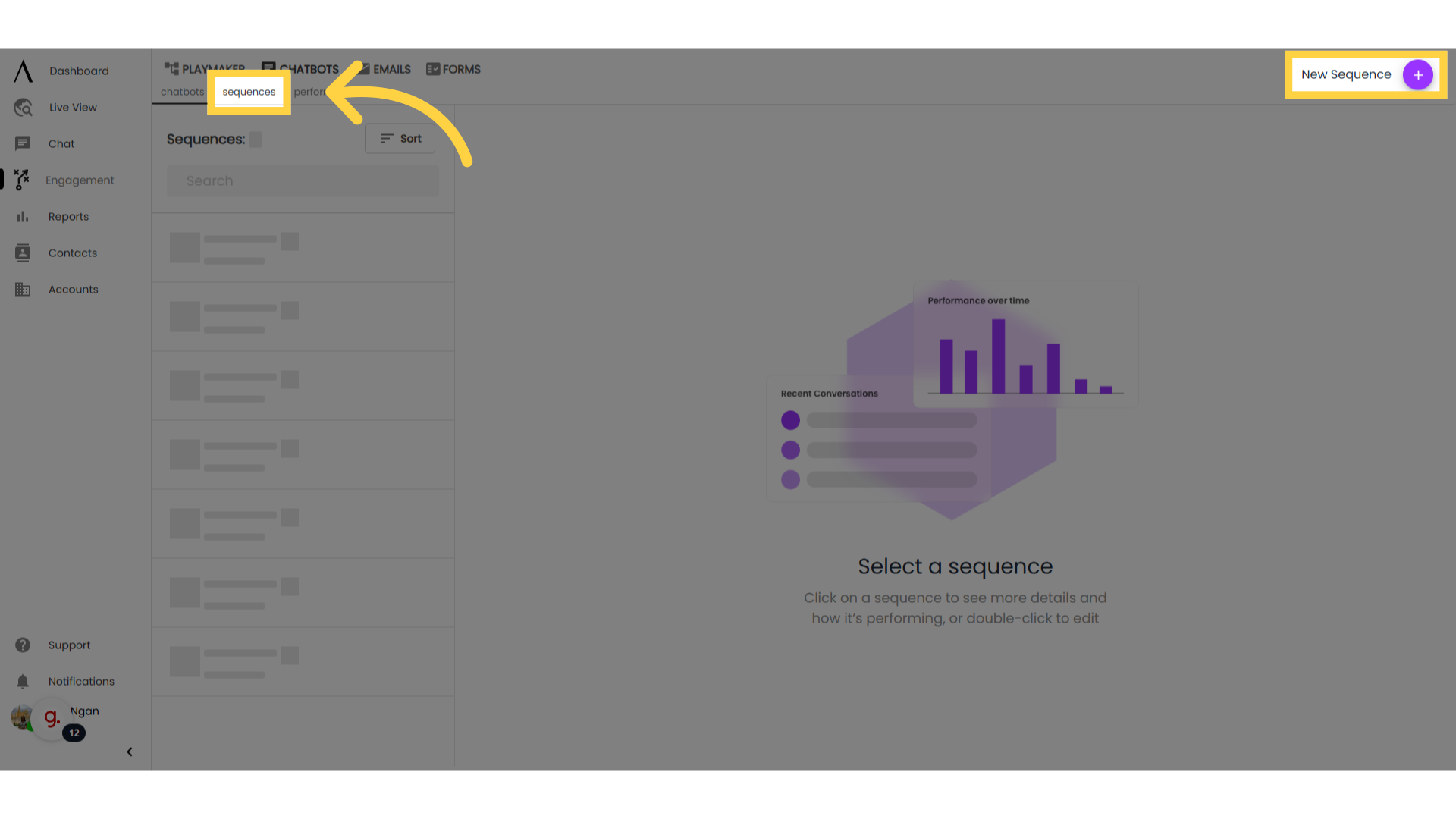 Go to 'Sequences,' then 'New Sequence'