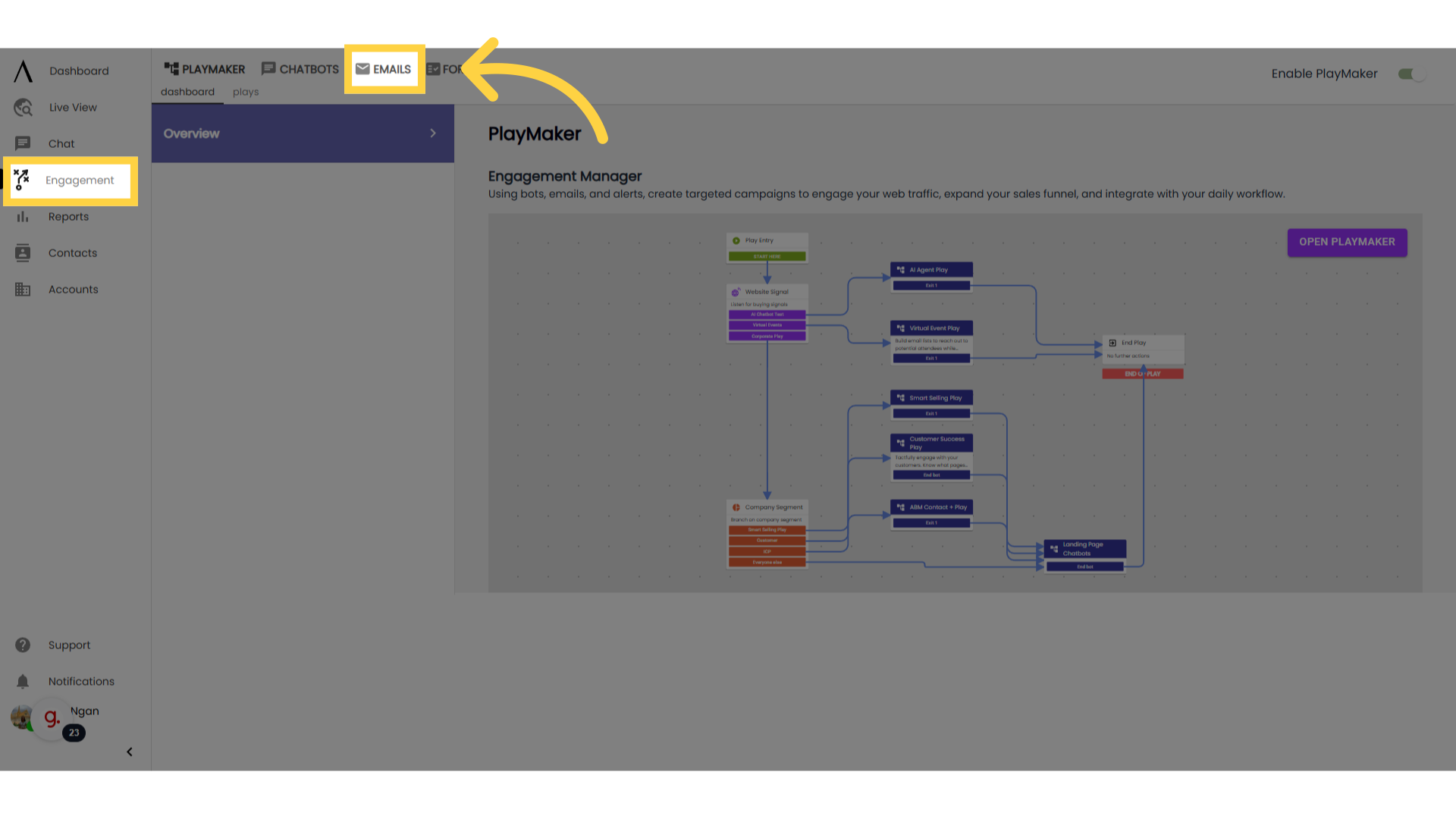 Click 'Engagement,' then 'Emails'