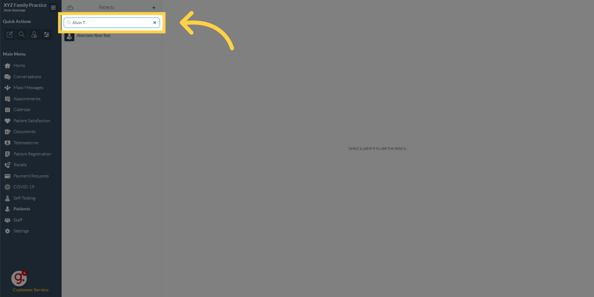 On the search field, type the name of the patient.